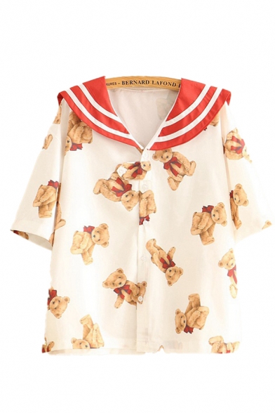 Popular Allover Flower Printed Short Sleeve Striped Sailor Collar Button down Loose Shirt Top for Women