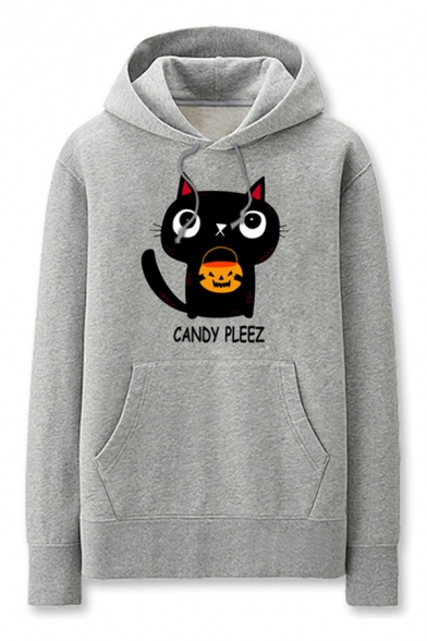 Popular Cartoon Cat Letter Candy Pleez Printed Pocket Drawstring Long Sleeve Regular Fit Graphic Hooded Sweatshirt for Men