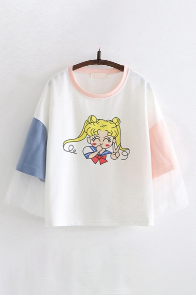 Popular Cartoon Figure Print Contrasted Sheer Mesh Patched Long Sleeve Round Neck Loose T-shirt