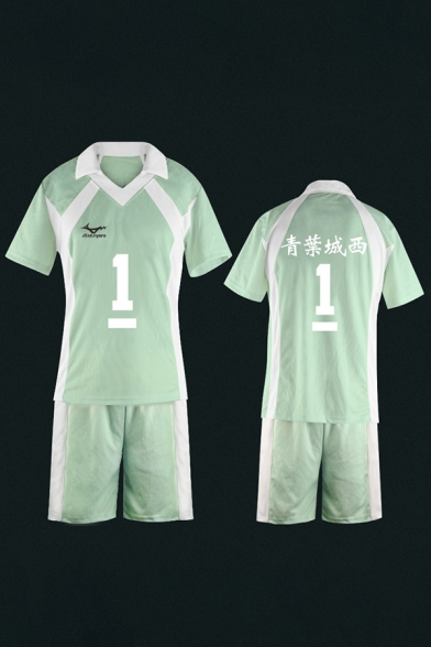 Popular Mens Green Number Logo Graphic Contasted Short Sleeve Turn down Collar Slim Fit T Shirt & Shorts Set in Green