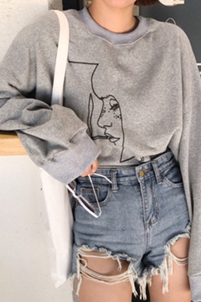 Popular Womens Cartoon Girl Face Print Long Sleeve Crew Neck Loose Pullover Sweatshirt
