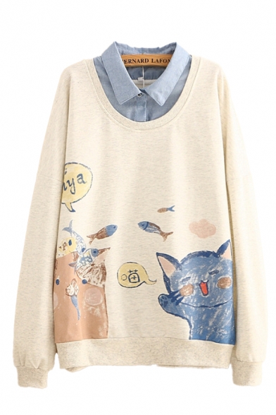 Preppy Girls False Two Piece Letter Cartoon Cat and Fish Graphic Long Sleeve Turn down Collar Relaxed Pullover Sweatshirt