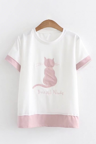 Preppy Girls Letter Brazil Nuts Cartoon Cat Embroidered Panel Short Sleeve Crew Neck Loose T-shirt