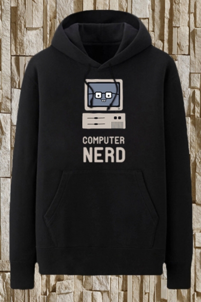 Simple Black Computer Letter Computer Nerd Printed Pocket Drawstring Long Sleeve Regular Fit Graphic Hooded Sweatshirt for Men