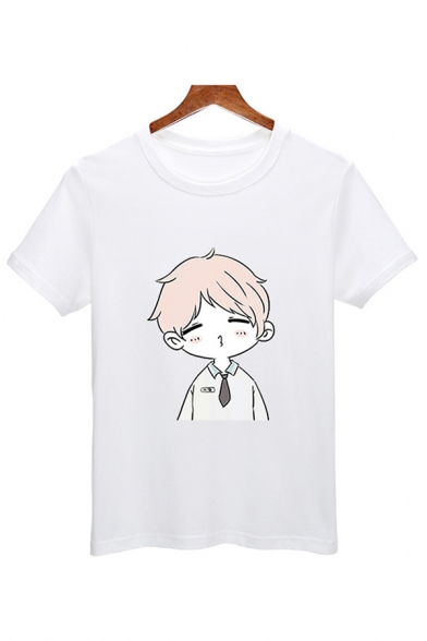 Simple Cartoon Printed Short Sleeve Crew Neck Loose Fitted T Shirt in White