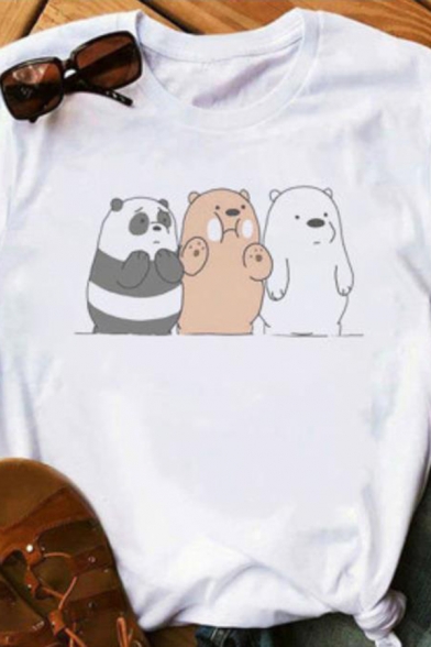 Simple Girls Cartoon Bear Print Rolled Short Sleeve Crew Neck Slim Fit T Shirt in White