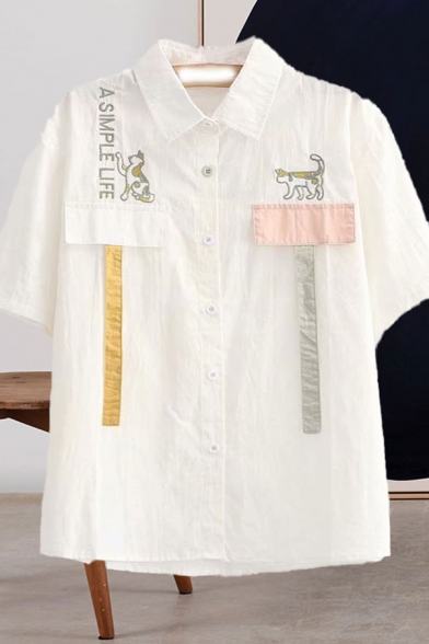 Simple Girls Letter A Simple Life Cat Embroidered Panel Straps Short Sleeve Turn down Collar Button down Relaxed Shirt Top in White