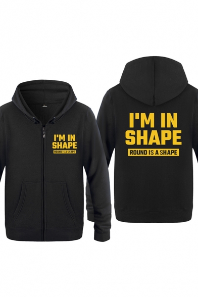 Simple Letter I Am in Shape Round Is a Shape Printed Full Zip Pocket Drawstring Long Sleeve Regular Fitted Hooded Sweatshirt for Men