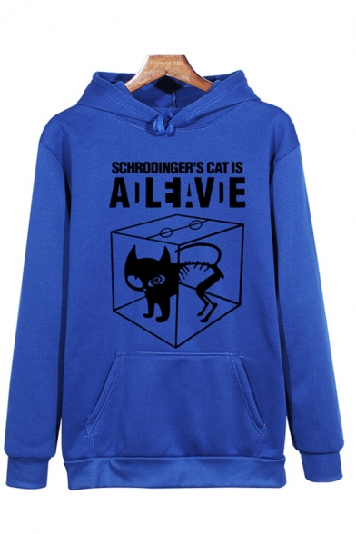 Simple Letter Schrodinger's Cat Is Cartoon Cat Graphic Long Sleeve Loose Hoodie with Pocket