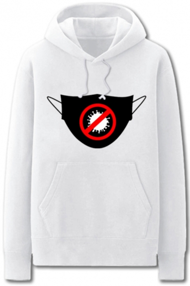Simple Mens Mask Virus Pattern Pocket Drawstring Long Sleeve Regular Fit Hooded Sweatshirt