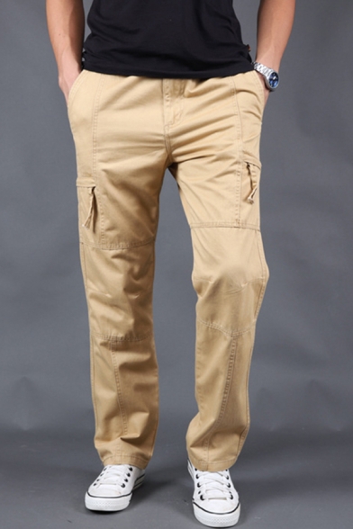 Simple Mens Pants Solid Color Zip Fly Button Detail Pockets Full Length Straight Fit Chino Pants