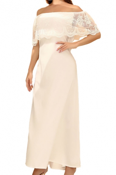 Special Occasion Lace Patched Off the Shoulder Bow Tied Waist Maxi A-line Dress in White