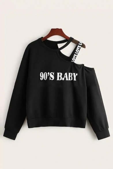 Stylish Womens Letter 90's Baby Long Sleeve Asymmetric Cold Shoulder Strap Panel Loose Pullover Sweatshirt
