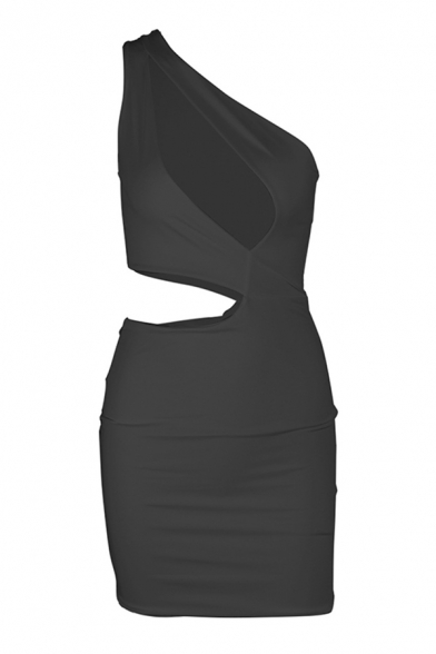 Stylish Womens Solid Color One Shoulder Cut out Asymmetric Mini Bodycon Dress