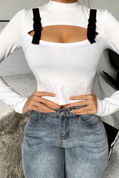 Stylish Womens White Long Sleeve Mock Neck Cut out Buckle Straps Fit Crop T Shirt
