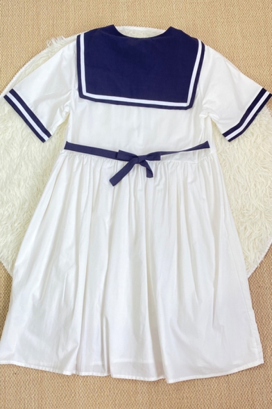 Trendy Girls Bear Embroidery Print Tie Button Contrast Striped Pleated Sailor Collar Short Sleeve Midi Smock Dress in White