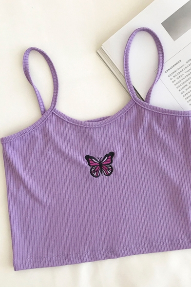 Trendy Girls Butterfly Embroidery Printed Square Neck Sleeveless Slim Fit Crop Cami Top