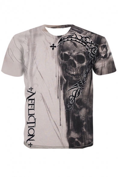 Trendy Mens 3D Skull Pattern Letter Affliction Short Sleeve Round Neck Regular Fitted Graphic T-Shirt