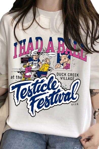 Trendy Womens Letter I Had A Ball Cartoon Graphic Half Sleeve Crew Neck Loose T Shirt