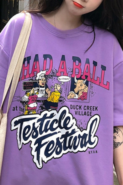 Trendy Womens Letter I Had A Ball Cartoon Graphic Half Sleeve Crew Neck Loose T Shirt