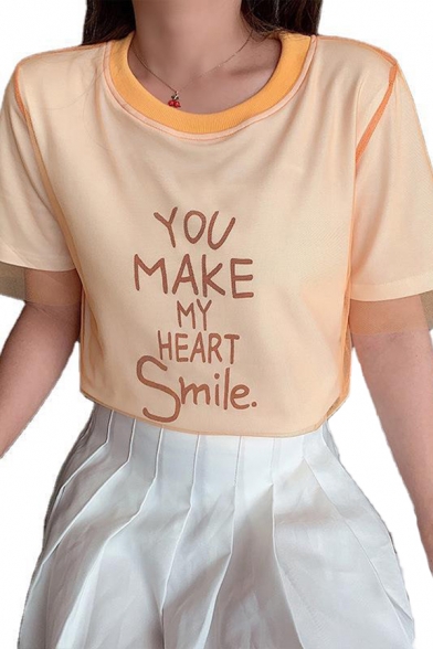 Trendy Womens Letter You Make My Heart Smile Sheer Mesh Patched Short Sleeve Crew Neck Contrast Piped Loose Tee in Orange