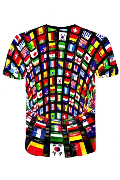 Unique Mens Multinational Flags 3D Print Crew Neck Short Sleeve Relgular Fit T-Shirt