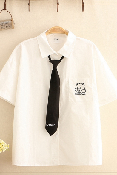 White Bear Letter Embroidery Chest Pocket Short Sleeve Turn down Collar Button down Relaxed Stylish Shirt with Tie
