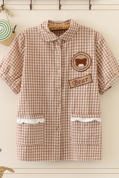 Womens Chic Gingham Letter Bear Contrast Lace Trim Button-up Turn-down Collar Short Sleeve Graphic Shirt with Pockets