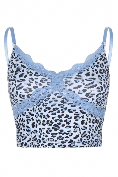 Womens Hot Leopard Pattern Lace Trimmed Spaghetti Straps Slim Fit Cropped Cami Top