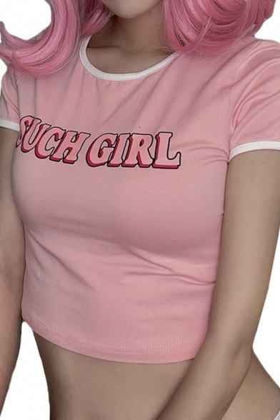 Womens Hot Letter Such Girl Print Short Sleeve Crew Neck Slim Fit Cropped Ringer Tee in Pink
