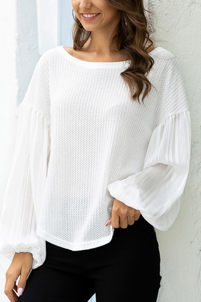 Womens Solid Color Pleated Blouson Sleeve Round Neck Relaxed Fit Waffle Trendy T Shirt