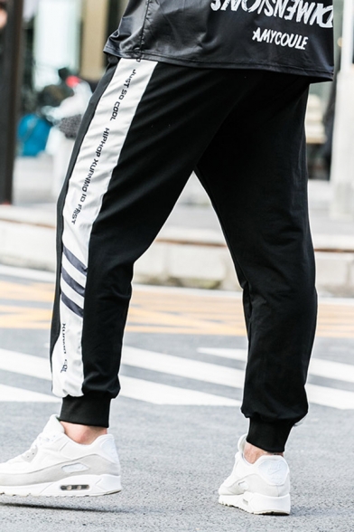 Black Casual Mens Side Stripe Letter Just So Cool Printed Drawstring 7/8 Length Tapered Fit Jogger Pants