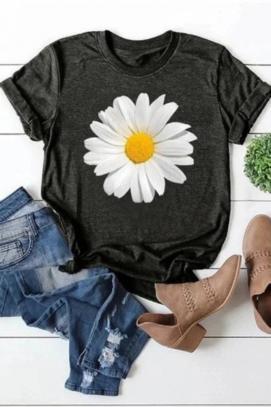 Casual Single Daisy Flower Print Rolled Short Sleeve Crew Neck Fit T Shirt for Girls