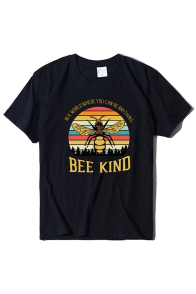 Casual Womens Colorful Stripe Bee Letter Bee Kind Graphic Short Sleeve Crew Neck Regular Fit Tee Top