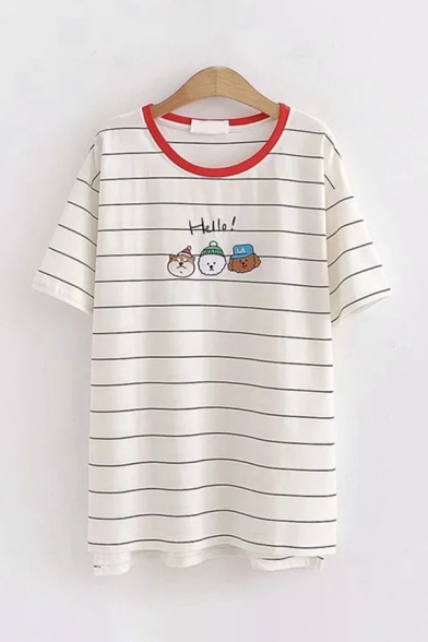 Casual Womens Letter Hello Cartoon Embroidered Striped Short Sleeve Crew Neck Loose Tee Top
