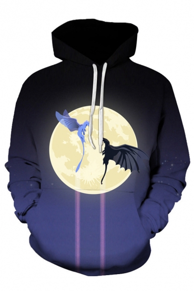 Chic Mens 3D Moon Character Pattern Pocket Drawstring Long Sleeve Regular Fit Hooded Sweatshirt in Dark Blue