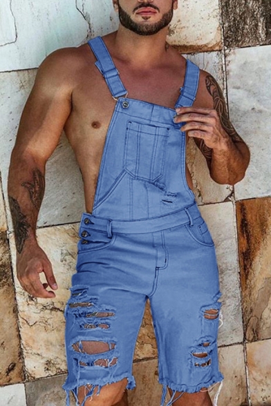 Chic Mens Overall Shorts Solid Color Ripped Button Pocket Regular Fitted Overall Shorts