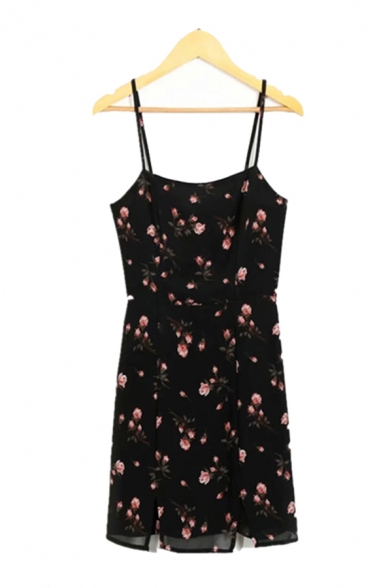 Chic Womens Allover Floral Print Spaghetti Straps Slit Mini A-line Cami Dress in Black