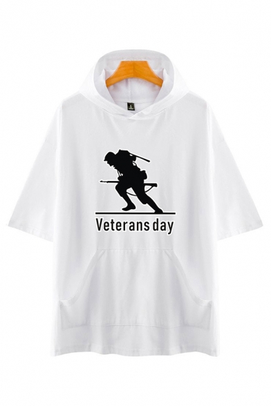 Cool Character Letter Veterans Day Printed Pocket Half Sleeve Loose Fit Hooded Tee Top for Men