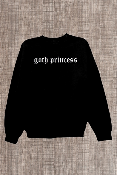 Cool Letter Goth Princess Printed Long Sleeve Crew Neck Loose T Shirt in Black