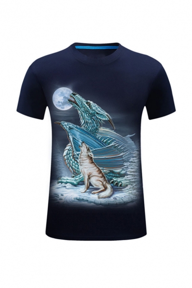 Cool Mens 3D Dragon Wolf Moon Pattern Short Sleeve Round Neck Regular Fitted Tee Top