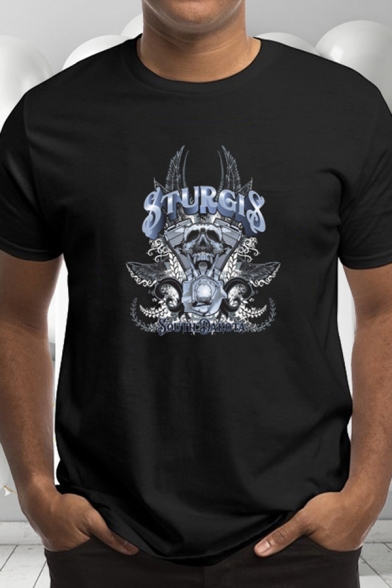 Cool Mens Skull Letter Sturgis Graphic Short Sleeve Crew Neck Slim Fit T Shirt in Black