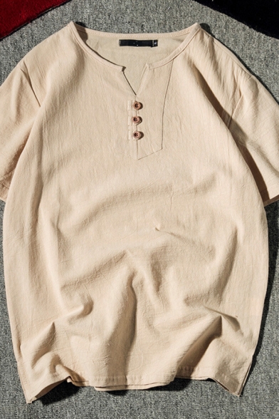 Cozy Men's T-Shirt Solid Color Button Detail Loose Fit Short Sleeve Henley Collar T-Shirt