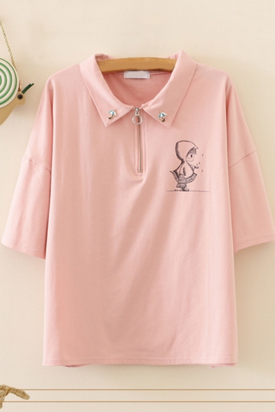 Daily Womens Cartoon Girl Print Umbrella Applique 1/4 Zipper Short Sleeve Turn-down Collar Regular Fit T-Shirt