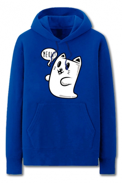 Dressy Mens Cat Pattern Letter Meow Pocket Drawstring Long Sleeve Regular Fit Graphic Hooded Sweatshirt