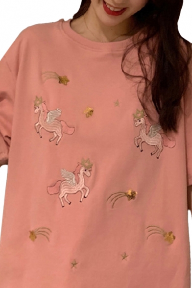 Edgy Girls Cartoon Unicorn Embroidery Half Sleeve Crew Neck Loose Fit T-shirt