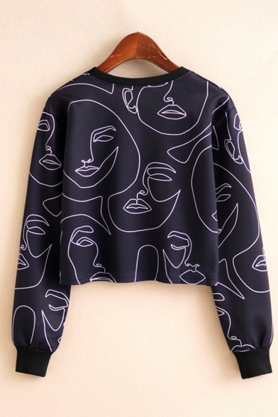 Fashionable Womens Cartoon Print Colorblock Long Sleeve Crew Neck Relaxed Crop Pullover Sweatshirt