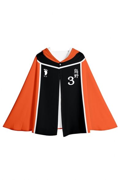 Fashionable Womens Number Footprint Graphic Colorblock Hooded Button up Loose Fit Cape in Orange