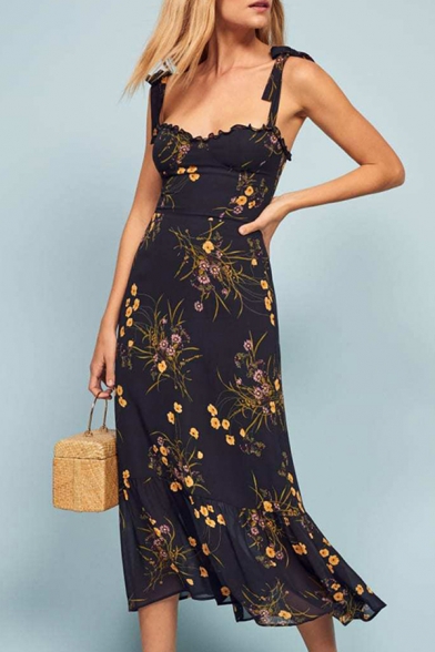 Gorgeous Womens Allover Flower Print Stringy Selvedge Bow Tied Shoulder Ruffled Trim Mid Pleated A-line Cami Dress in Navy