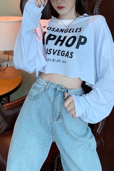 Hip Hop Girls Letter Liphop Print Long Sleeve Crew-neck Relaxed Cropped T Shirt